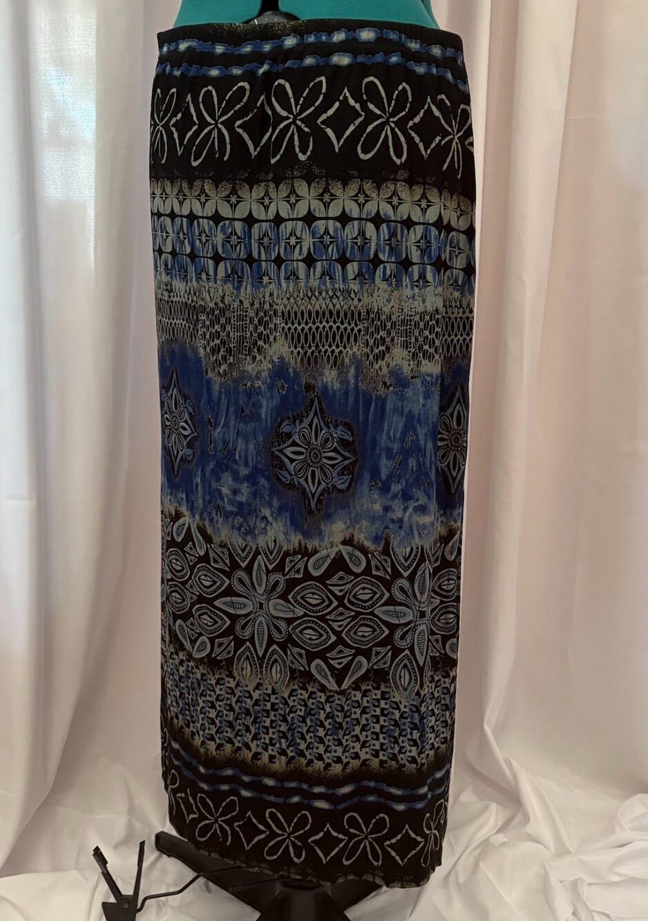 Coldwater Creek Stretchy Bohemian Beach Blue And Black Maxi Skirt Sz XL